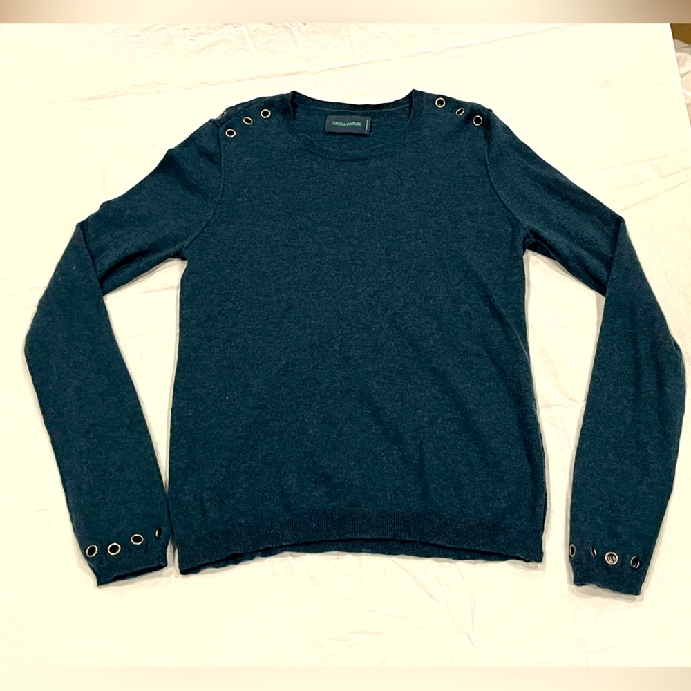 Zadig & Voltaire Green Hole Punch Wool Cashmere Pullover Sweater Metal Accents